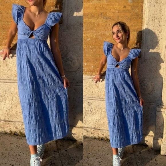 BLUE UNIVERSAL THREAD RUFFLE FLUTTER SLEEVE PUCKER SMOCK TWIST FRONT MIDI DRESS - Picture 11 of 11